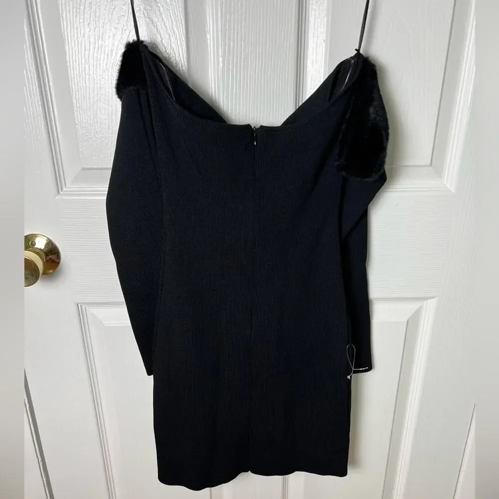 Staud Josee Fur Off The Shoulder Minidress in Black M